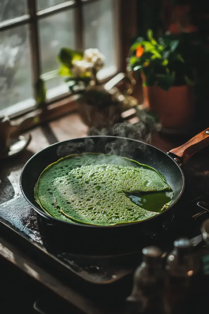 Cooking matcha crepe on skillet