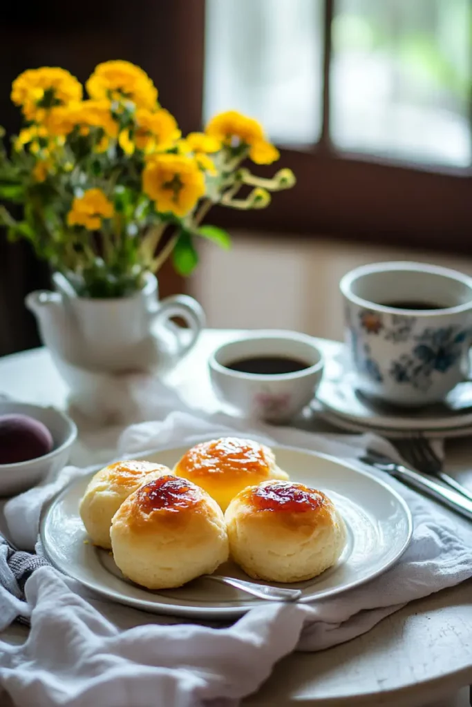 Brazilian cheese bread served with coffee and jam