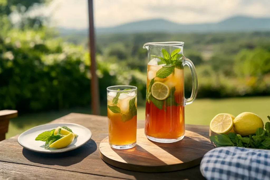 Brazilian Mounjaro Iced Tea Recipe in a clear glass with mint and lemon