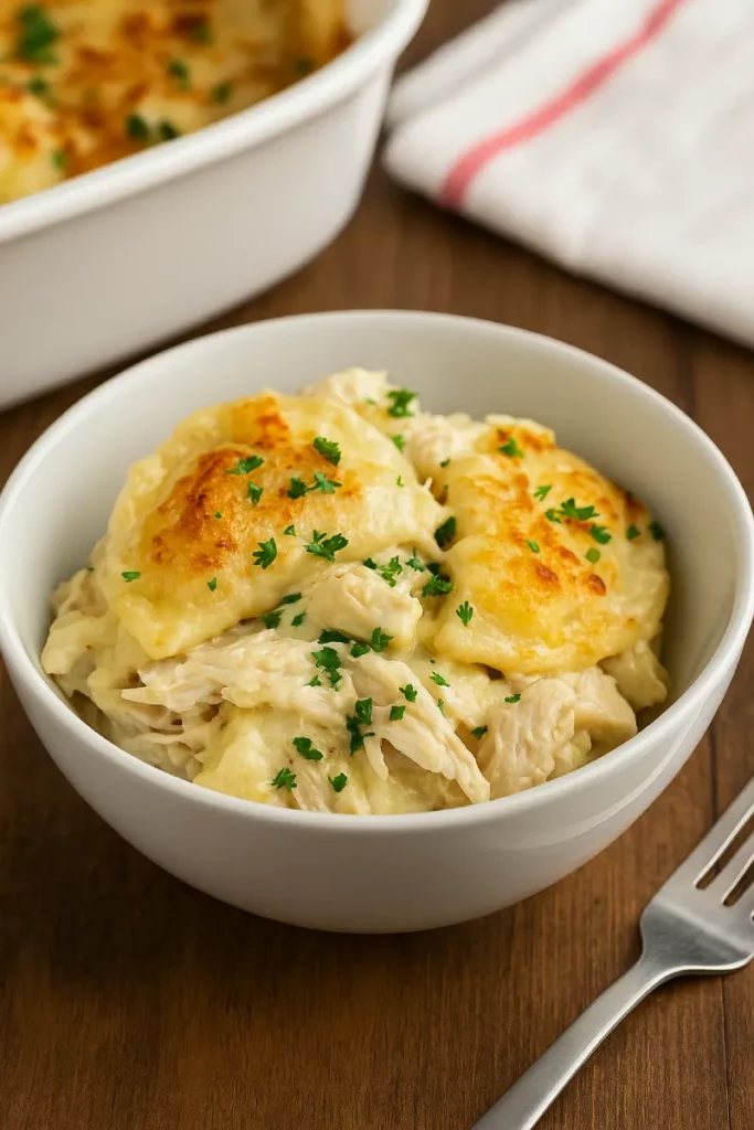 served chicken Alfredo pierogi casserole with sides
