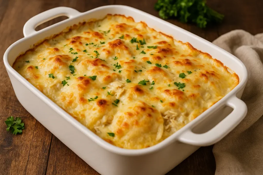 chicken Alfredo pierogi casserole baked and ready to serve