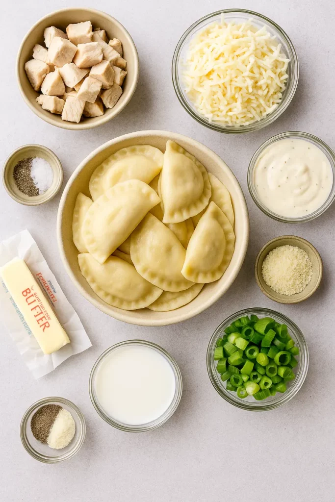ingredients for chicken Alfredo pierogi casserole
