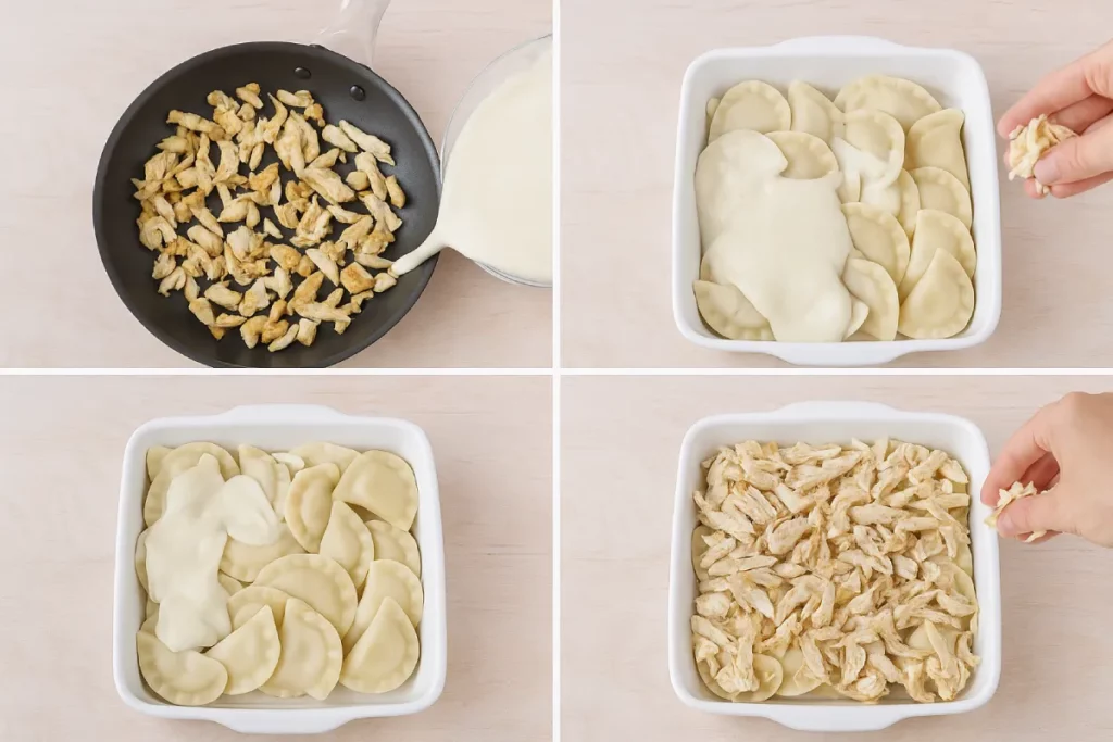 layering chicken Alfredo pierogi casserole