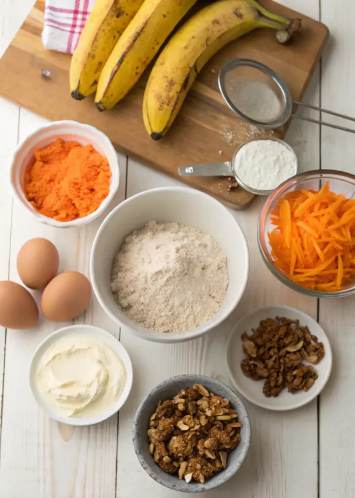 Carrot Cake Banana Bread ingredients layout with bananas and carrots