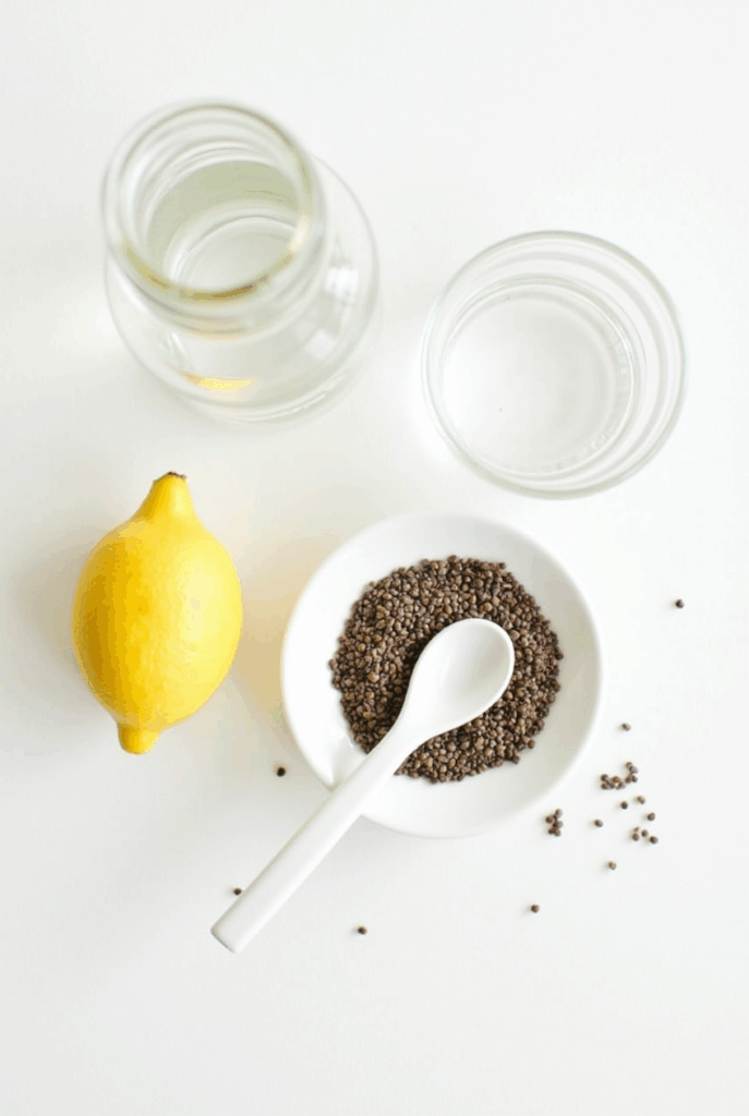 chia seeds water ingredients on table