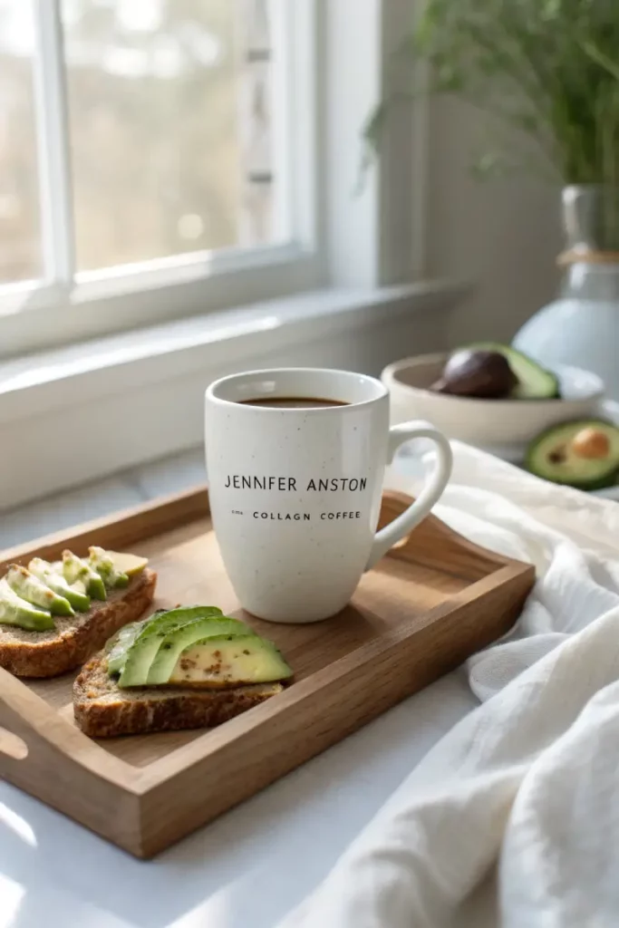 Jennifer Aniston coffee served with avocado toast on a wooden tray