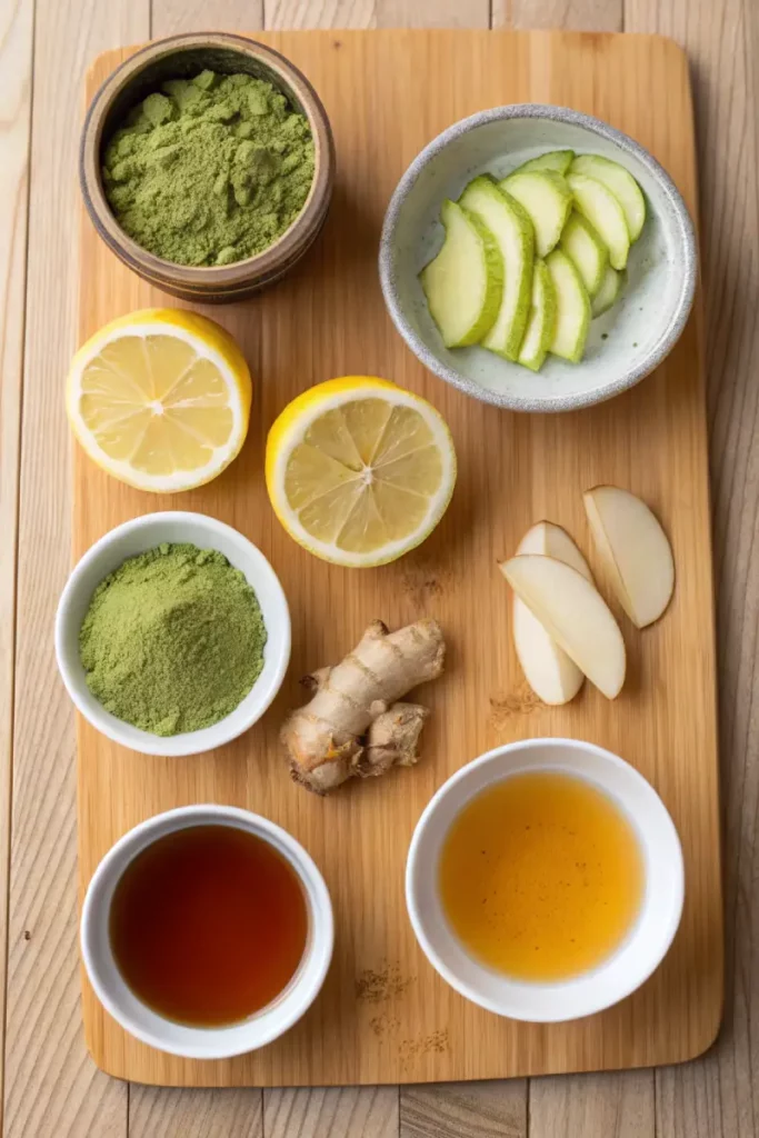 Ingredients for Japanese Mounjaro recipe homemade including matcha and lemon