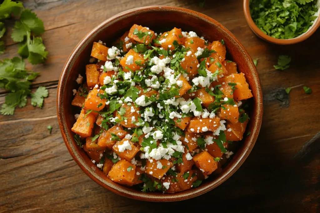 sweet potatoes with feta and cilantro in rustic bowl