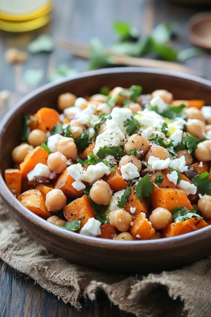 plated sweet potatoes with feta and cilantro