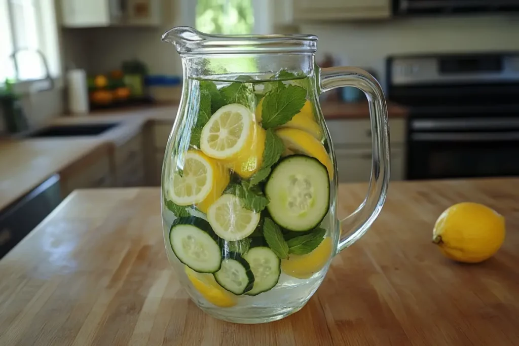 Japanese detox water recipe pitcher with fresh ingredients