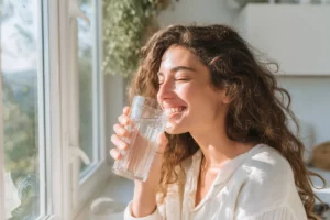 Woman drinking water in the morning to support weight loss