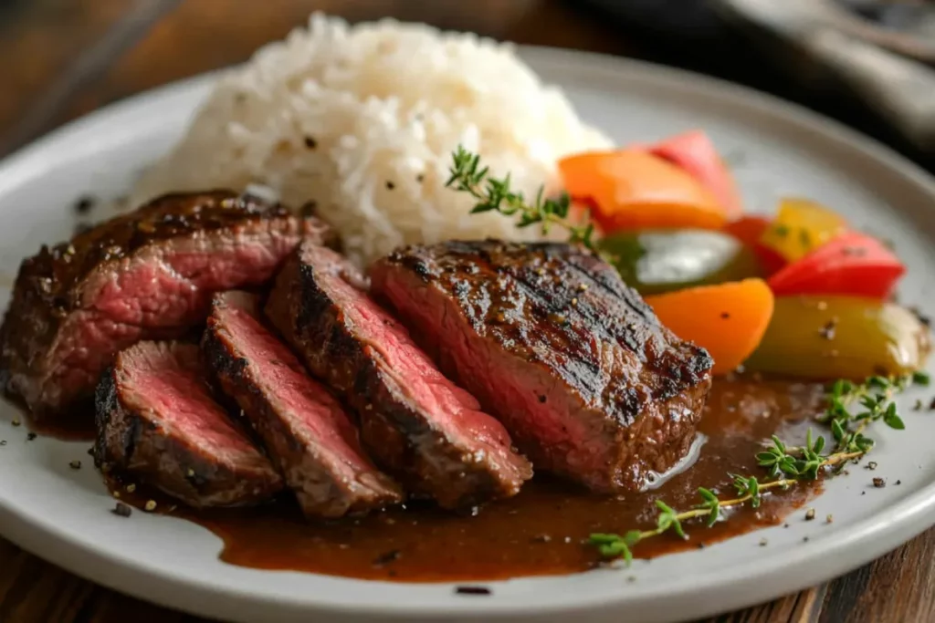 Jamaican peppered steak on rice with bell peppers