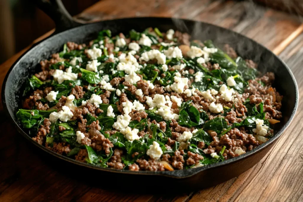 Ground beef and spinach skillet with feta in cast-iron pan