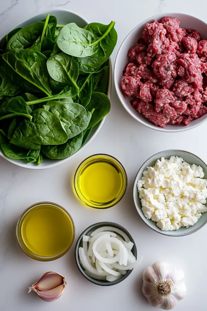 Ingredients for ground beef and spinach skillet with feta