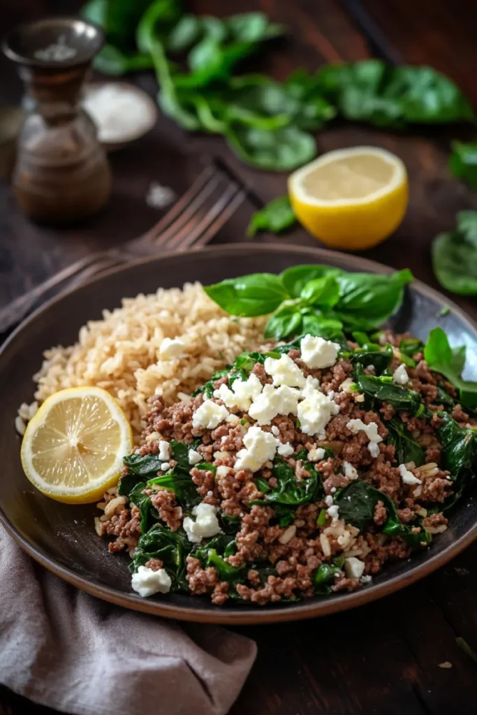 Served plate of ground beef and spinach skillet with feta and rice