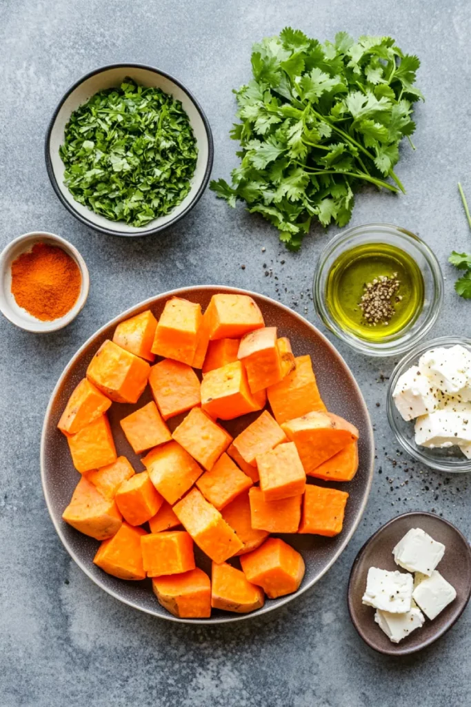ingredients for sweet potatoes with feta and cilantro